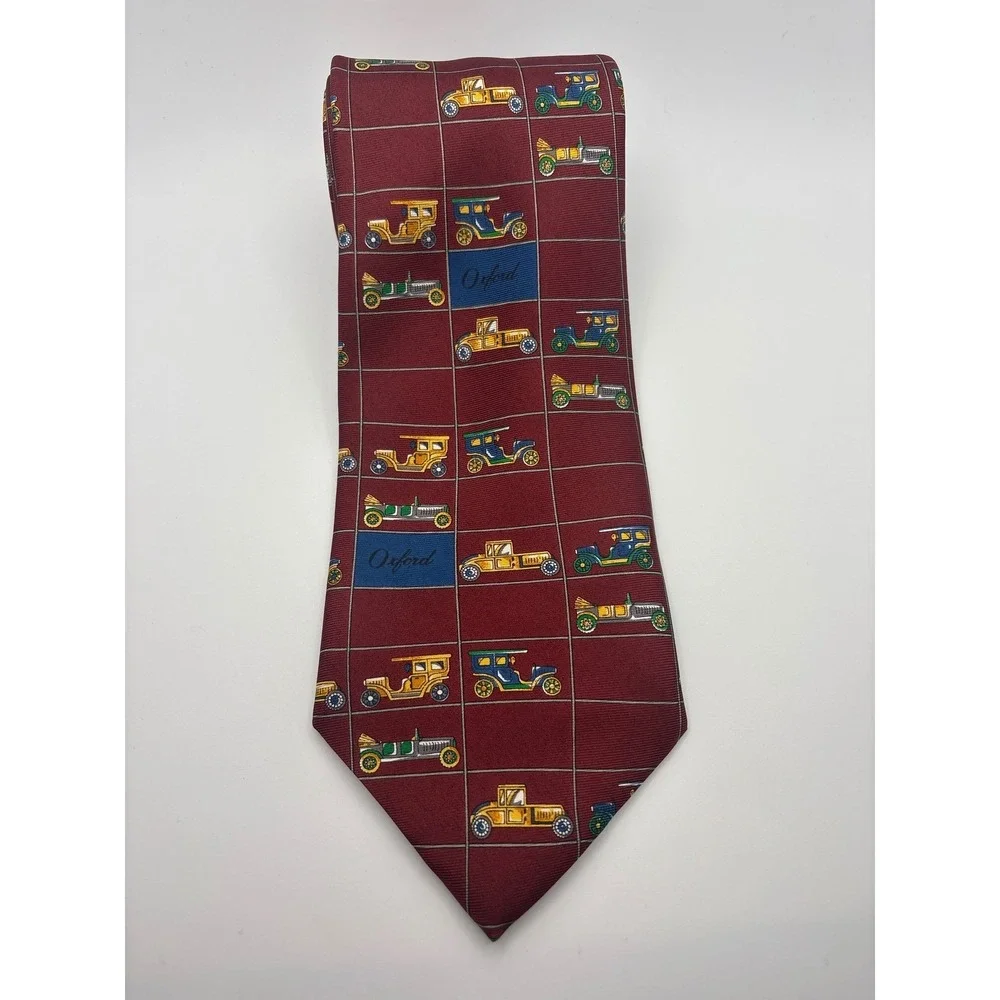 Oxford Mens Silk Tie Burgundy Vintage Antique Cars Novelty Grid Pattern Red
